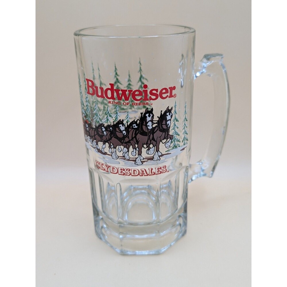 VTG 1989 Budweiser Clydesdale Horses Christmas Holiday Large Glass Beer Mug 32oz